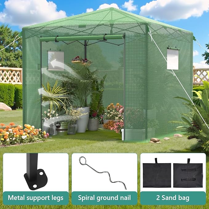 Pop Up Greenhouse 10x10FT, Pop Up Green House for Outdoors, Portable Greenhouses, Walk-in Greenhouses, Popup Greenhouse Kit, Easy Set Up