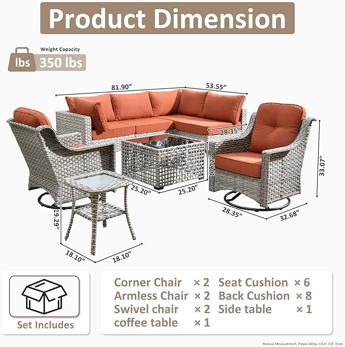 HOOOWOOO Outdoor Patio Furniture Set,8 Pieces Wicker Out Door Sectional Furniture L Shaped Couch,Patio Conversation Sets with Swivel Rocking Chair LED Table,Brick Red