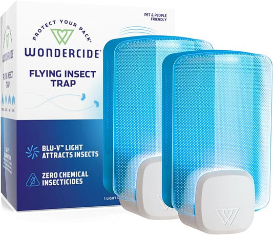 Wondercide - Flying Insect and Fly Trap - Indoor Bug Catcher for Fruit and House Flies, Gnats, Moths, and Mosquitoes - Starter Kit for Home and Kitchen - 2 Plug-in Lights and 2 Cartridges
