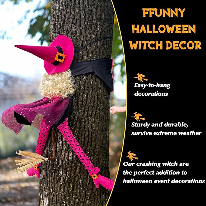 53" Crashing Witch Halloween Decoration - Funny Pink Witch Tree Prop for Yard, Porch, Door, Fence, Patio, Lawn, Garden - Indoor & Outdoor Hanging Halloween Decor