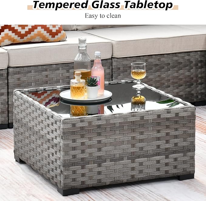 HOOOWOOO 13 Piece Modular Patio Outdoor Sectional Furniture Set with Gas Propane Fire Pit Table,Wicker Conversation Sofa Set,Out Door Couch Set with Wide Arm Outside(Beige)