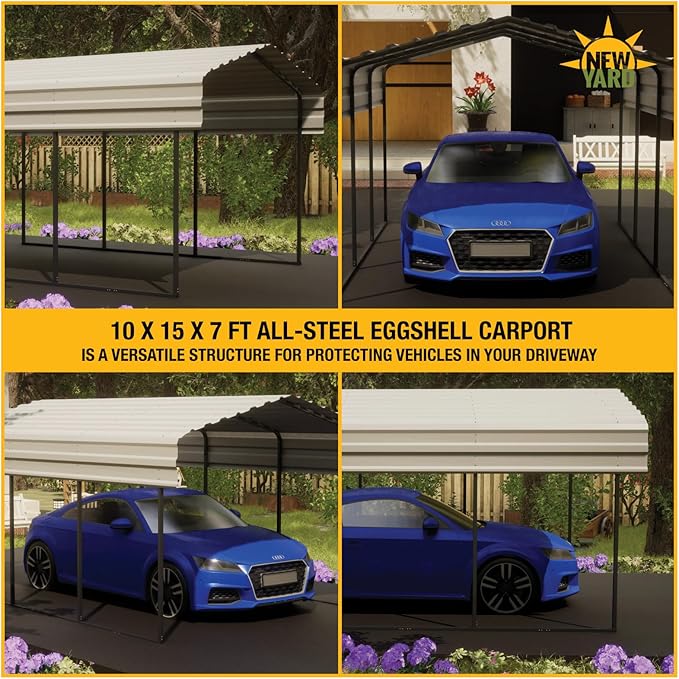 Carport 10 x 15 x 7 ft Eggshell Sturdy All-Steel Heavy Duty Canopy Shelter with Metal Frame for Parking a Car, SUV, Truck, Boat, Motorcycle, and Other Vehicles Outdoor in Your Driveway