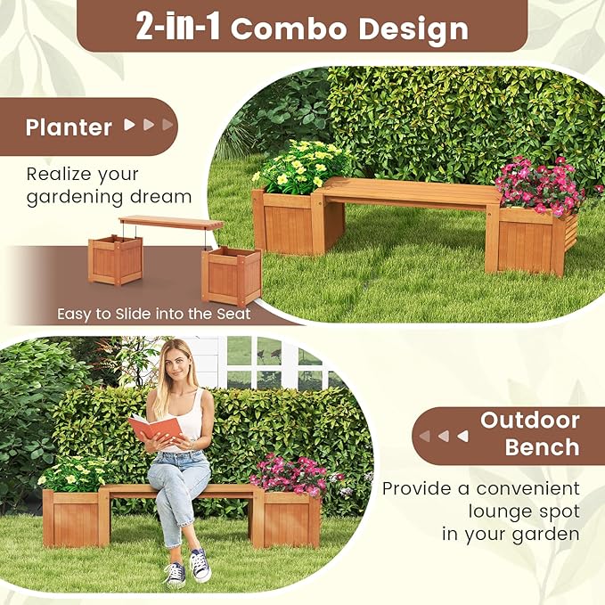 Giantex 3-in-1 Outdoor Bench with Large Raised Beds & 2 Planter Boxes, Wood Raised Garden Bed with Open Base, Weather-Resistant Deep Planter Boxes for Flowers Fruit Vegetable, DIY Assembly