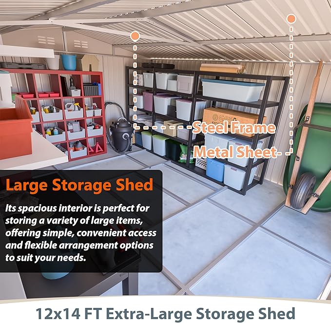 12x14FT Outdoor Storage Shed Metal Shed W/Floor Frame,Garden Tool House W/ 4 Air Vents,Lockable Double Doors & Sloped Roof,for Patio,Lawn,Backyard,Light Gray