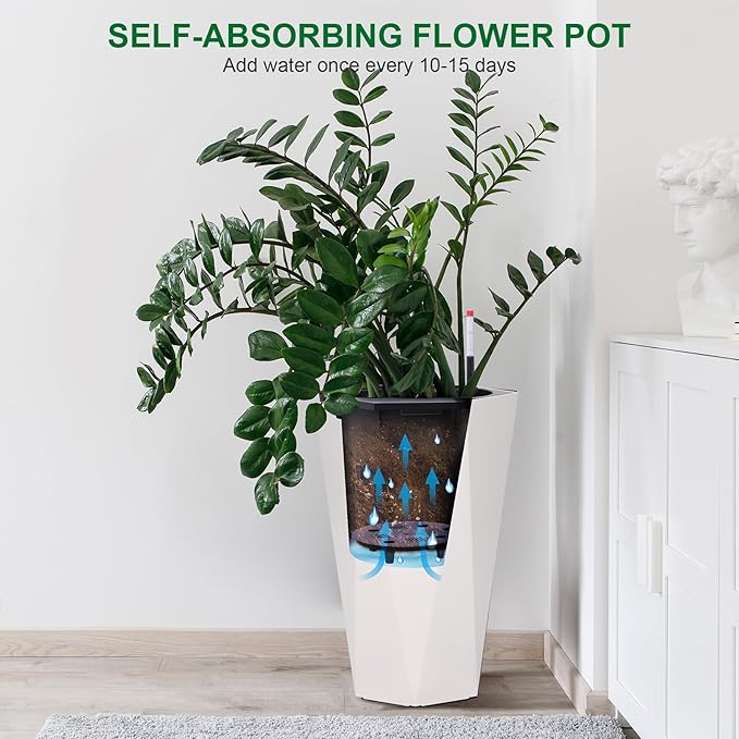 23 Inch Tall Outdoor Planters Set of 2, Self Watering Pots for Indoor Plants with Water Level Monitor & Drainage Hole & Wheels, Large Planter Pots for Garden, Patio, Balcony, White