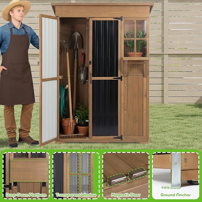 Large Outdoor Storage Cabinet Waterproof with Shelves, Outside Storage Shed Tall Backyard Cabinet with Fold-Out Table for Patio, Garage, Garden, Pool Accessories Storage (70.5" H x 51" L)