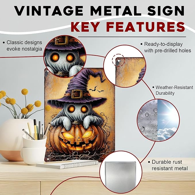 Halloween Pumpkin Vintage Sign Ghost Metal Tin Sign for Home Bar Kitchen Hotel Dining Room Coffee 12x16inch