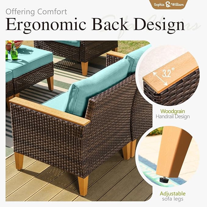 Sophia & William Patio Furniture Set with Fire Pit Table, 8 Piece Outdoor Wicker Conversation Set, Large Rattan Sectional Sofa with Ottoman & 45" Fire Pit Table(Aqua Blue)