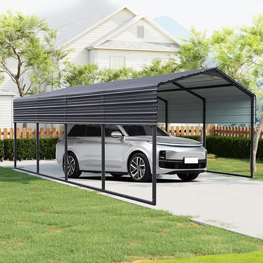 KEIKI 12x20 FT Steel Metal Outdoor Carport with Peaked Roof,Heavy Duty Vehicle Shed Canopy for Car,Truck and Boats