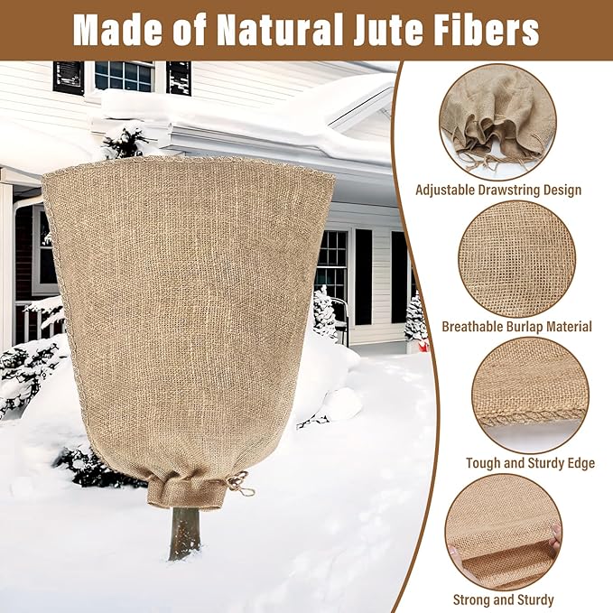 Riare 4 Packs 40 × 47 Inch Burlap Winter Plant Cover Bags with Drawstring- Reusable Large Burlap Sack Plant Frost Protector, Plant Frost Cloth Cold Tree Freeze Blanket for Outdoor Plants Fruit Shrubs