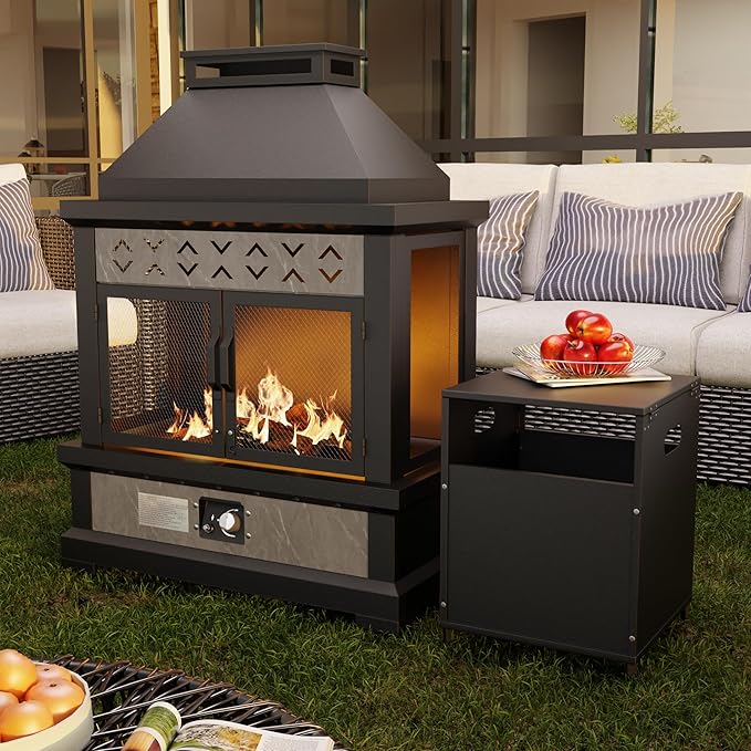 47.3''x35.5'' Outdoor Propane Fireplace, 50,000 BTU Vent-Free Gas Heater, CSA Certified Grey & Black Weather-Resistant Steel, Realistic Ceramic Logs, Rain Cover Included