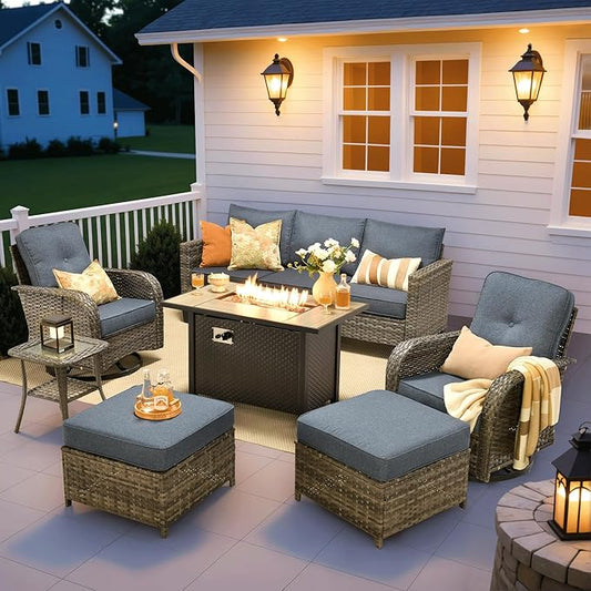 ovios 7 Pieces Patio Furniture Set, Outdoor Wicker Sofa Couch with Rocking Swivel Chairs Fire Pit Table, Modern Deep Seat Rattan Conversation Sets for Porch Deck, Denim Blue