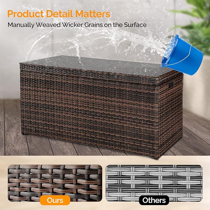 VINGLI Outdoor Wicker Storage Box, 132 Gallon Patio Rattan Deck Box, Wicker Storage Bench for Indoor, Outdoor, Pool, Balcony, Yard, Garden – Dark Brown