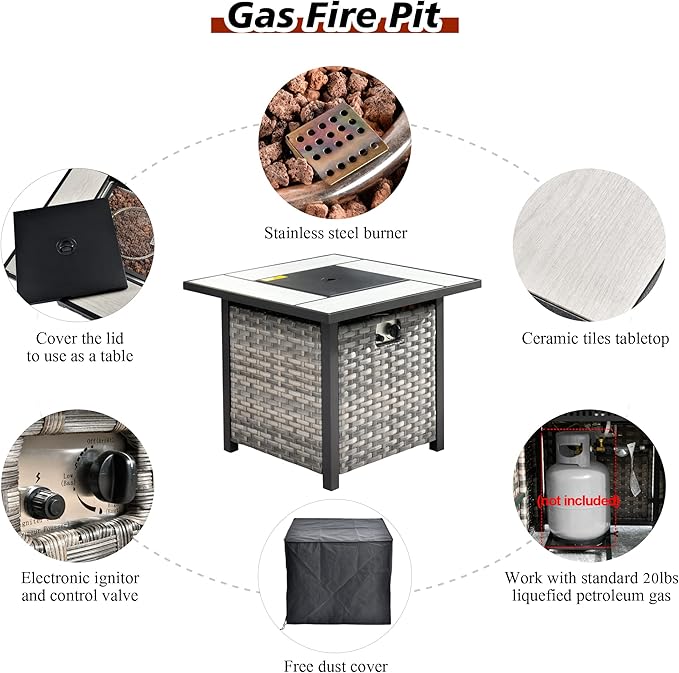 HOOOWOOO 9 Piece Modular Patio Outdoor Sectional Furniture Set with Gas Propane Fire Pit Table,Wicker Conversation Sofa Set with Swivel Chairs,Outside Couch Set(Orange Red)