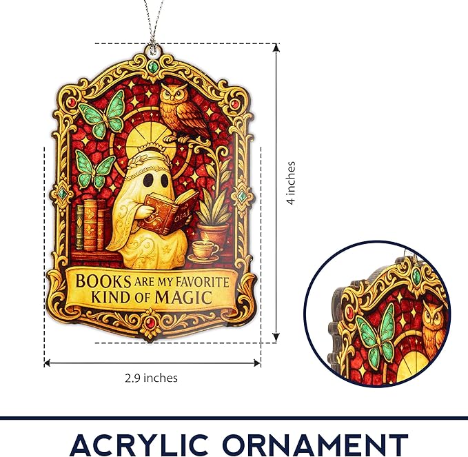 Book Lover Ghost Ornament – book lover – halloween gifts – gothic decor – christmas ornament – Suncatcher effect window hanging – Car Hanging