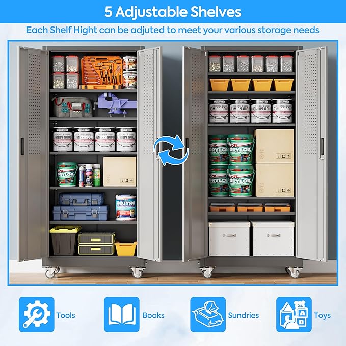71"H×32"W×16"D Rolling Tool Storage Cabinet with 5 Adjustable Shelves and Pegboard,Metal Garage Storage Cabinet with Wheels for Garage Home Office Utility Room,Required Assembly, Black and Dark Grey