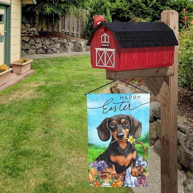 Flower Dachshund Dog Happy Easter Bunny Cute Egg Garden Flag Welcome Party Outdoor Outside Decorations Picks Home House Garden Yard Decor 12x18 Inch