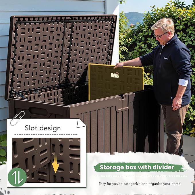 Greesum 230 Gallon HDPE Outdoor Storage Box with Removable Dividers, Weatherproof Oversized Deck Box for Patio, Garage, Garden, Brown