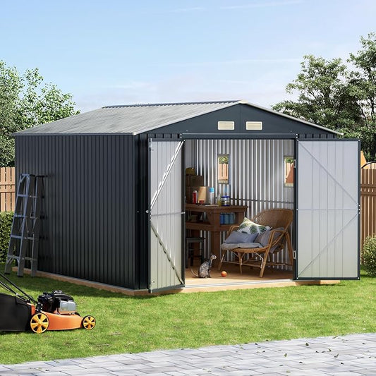 10x10 FT Outdoor Metal Storage Shed, Double Swing Doors, 2 Clear Windows,Tool Shed for Garden, Patio, Backyard
