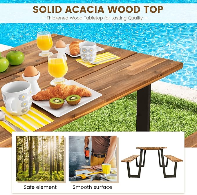 Tangkula Wooden Picnic Table, Outdoor Acacia Wood Picnic Table with 2 Built-in Benches, Umbrella Hole, Steel Frame, Outside Table and Bench Set for Garden, Backyard, Porch, Patio