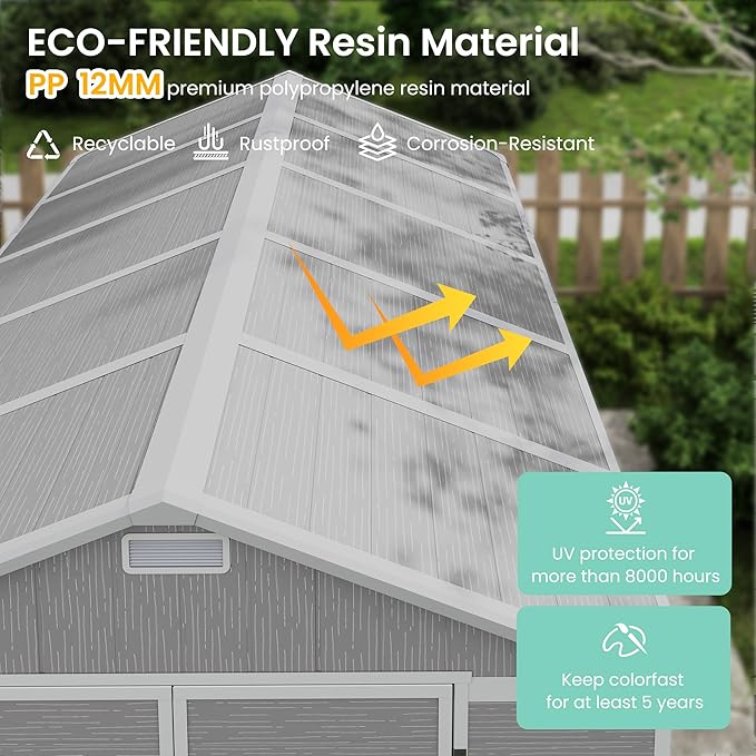 UDPATIO Outdoor Storage Shed 7.5x10.7 FT, Grey & White Resin & Steel Shed with Lockable Door for Backyard, Patio, Lawn