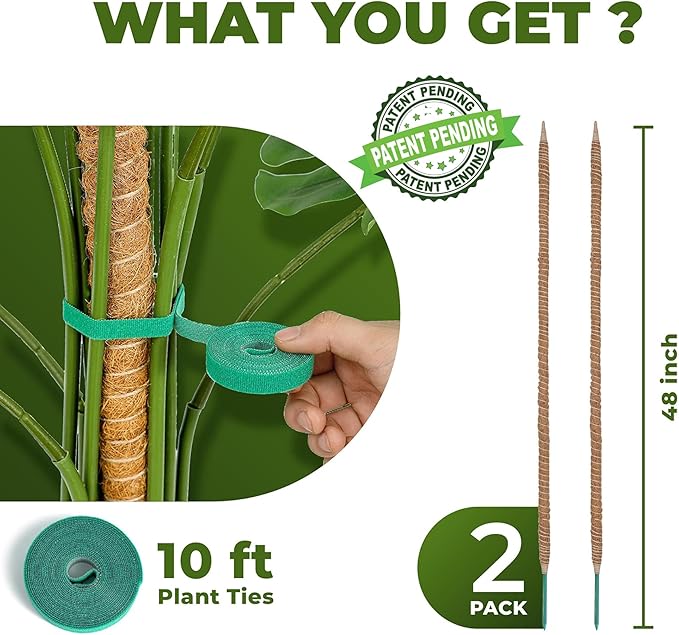 2 Pack 48 Inch Bendable Moss Pole Monstera Plant Support Stakes for Indoor Plants - Tall Moss Stick Trellis for Potted Climbers - Stem Support Accessories for Climbing Houseplants