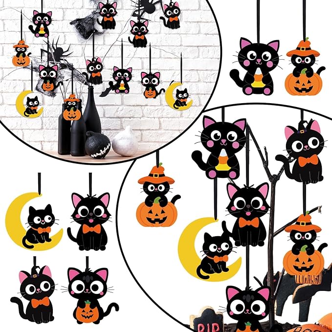 Yexiya 24 Sets Halloween Craft Kits Black Cat Crafts DIY Hanging Ornaments with Sticker and Ribbon Pumpkin Moon Corn Paper Hanging Decor for Halloween Party Decoration