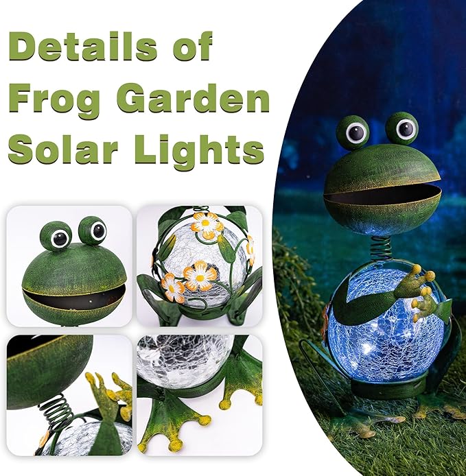 Topadorn Frog Garden Statue with Solar Lights, Outdoor Garden Metal Weatherproof Solar Frog Light Decor for Yard, Patio, Lawn, or Porch, 12" H, Gardening Ornaments Gifts