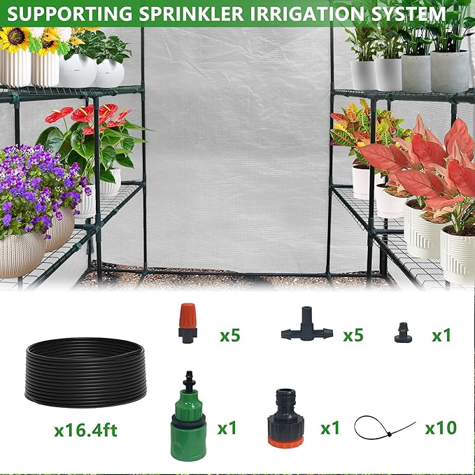 56" x 56" x 77" Portable Walk-in Greenhouse with Windows, Shelves and Anchors, Indoor Outdoor Greenhouse with Watering System, Zippered Door and Windows, PE Cover, White