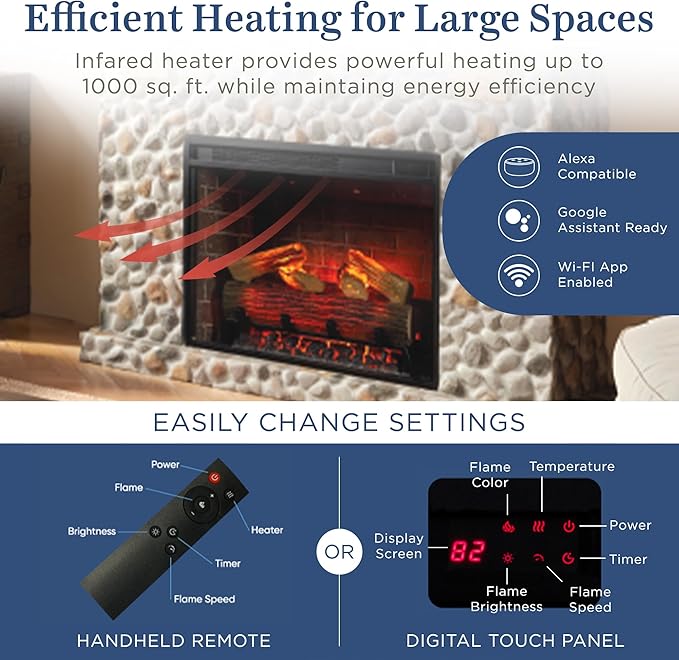 Country Living - Glenbrook Fireplace Mantel Package, 28”, Alexa/WiFi Enabled Fireplace Insert, Cast Stone River Rock Surround, 1500W