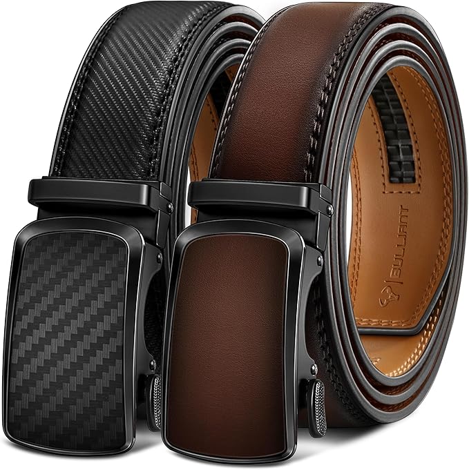 BULLIANT Men's Ratchet Belt 2 Pack-Click Leather Belt Adjustable for Men Gift 1 3/8-Cut for Perfect Fit