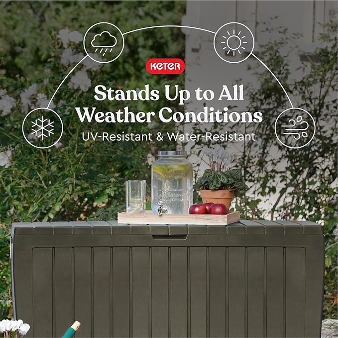 Keter Marvel Plus 71 Gallon Resin Deck Box-Organization and Storage for Patio Furniture Outdoor Cushions, Throw Pillows, Garden Tools and Pool Floats, Mossy Brown