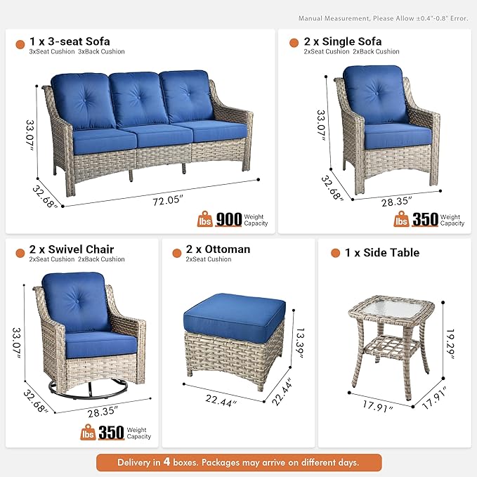 8 Pieces Patio Outdoor Furniture Set with Swivel Rocking Chairs,All Weather Wicker Rattan Patio Seating Sofa and Chair Set w/Ottoman,Outdoor Conversation Sets for Deck Yard Garden,Navy Blue