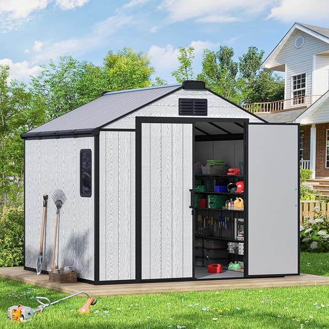 MELLCOM 8 x 8 FT Resin Storage Shed with Floor, Outdoor Storage Tool Shed with Windows and Lockable Door for Pool Supply, Bike, Lawnmower