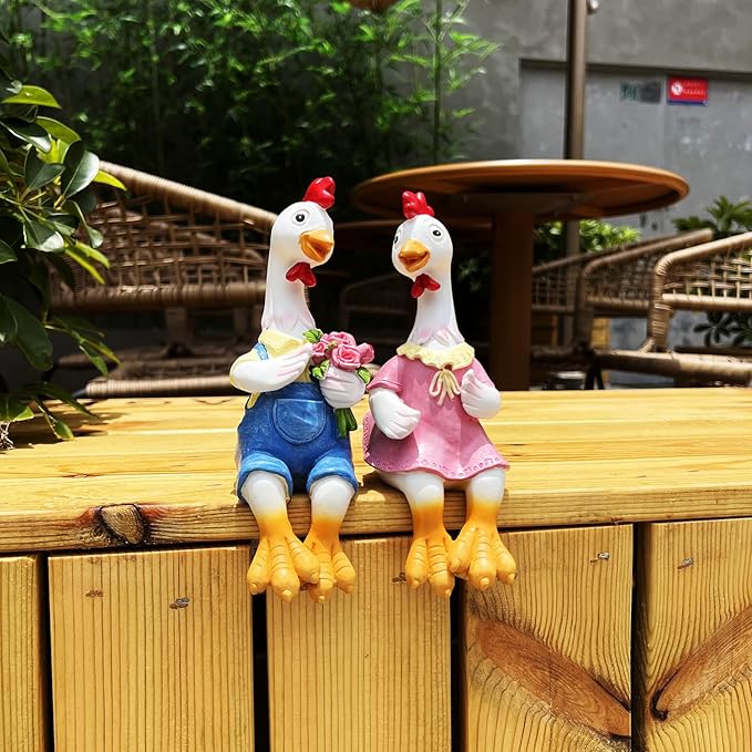 Handside Couple Duck Garden Statues Cartoon Resin Cute Sitting Chicken Sculpture Goose Lovers Figurine Gift Decorations for Yard Home Patio and Office and Wedding (Chicken)