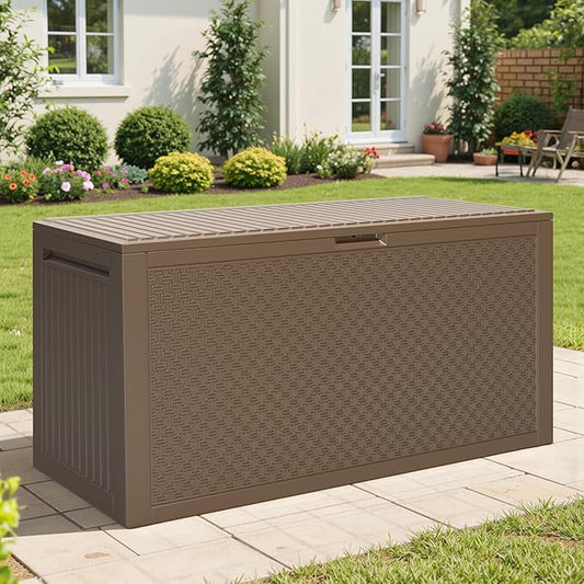 90 Gallon Outdoor Deck Box, Waterproof Outdoor Storage Box, Durable Resin Bin for Patio Cushions, Garden Tools and Pool Accessories, Lockable with UV Protection, Brown, Patio Furniture