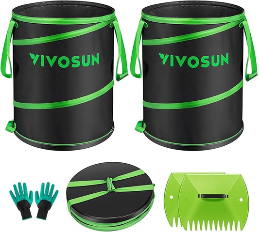 VIVOSUN 30-Gallon Collapsible Trash Can, Reusable Pop-Up Garden Bag with Hard-Shell Bottom, Leaf Scoops and Gloves, Yard Waste Container for Lawn Care and Camping, 2-Pack
