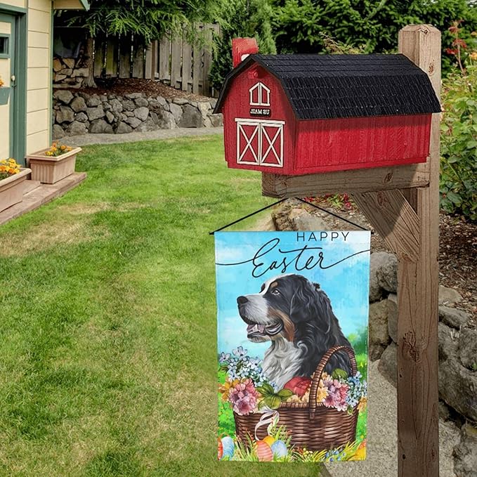 Bernese Mountain Dog Happy Easter Flower Garden Flag Welcome Party Outdoor Outside Decorations Picks Home House Garden Yard Decor 12x18 Inch