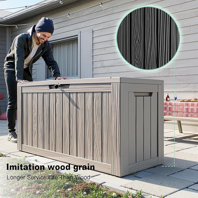 80 Gallon Deck Box,Resin Outdoor Storage Box with Lockable for Patio Furniture, Pool Accessories, Garden Tools Waterproof Outside Storage Box, Grey