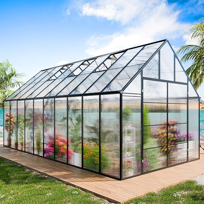 Large Greenhouse, 10x20 FT Easy Assembly Hybrid Polycarbonate Greenhouses for Outdoors w/Vent Windows & Swing Door Walk-in Greenhouses Aluminum Green House for Outside, Black