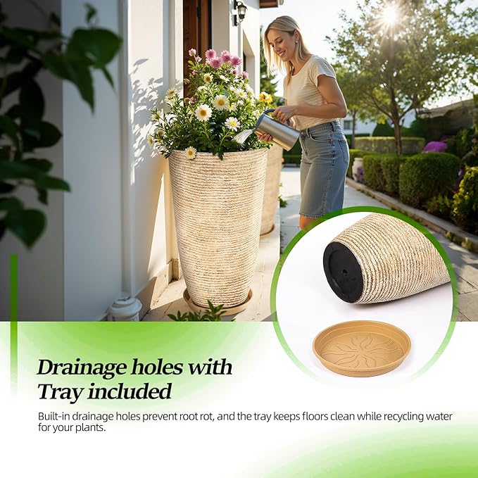 QCQHDU 9 Gallon Tall Large planters for Outdoor/Indoor Plants of 12" Dia x 21" H Round Flower Pots Set Faux Stone Finish Front Door Patio Square Porch Planters with Tray, Beige