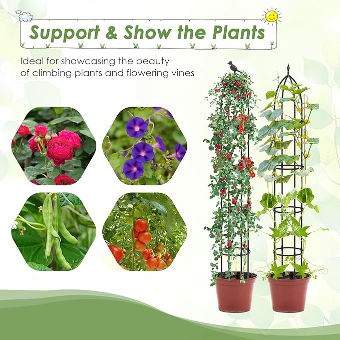 Happygrill Garden Trellis for Climbing Plants, 78” Tall Metal Obelisk Trellis w/Adjustable Height, Gloves, Cable Ties, 2 in 1 Plant Cages & Supports for Flowers, Vegetables, Vines Indoor Outdoor