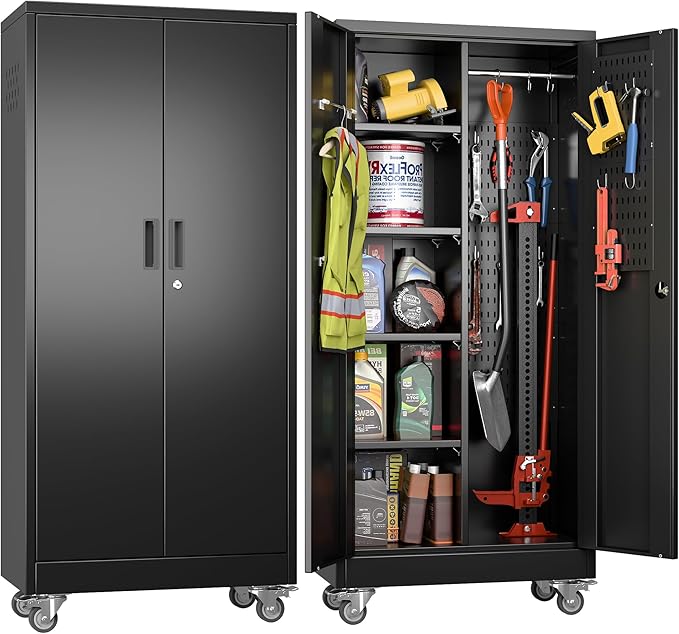 61.7" H Metal Garage Storage Cabinet with Wheels and Hanging Rod,Broom Closet Storage Cabinet with Pegboard and 4 Adjustable Shelves with 120LBS for Garage Home Office School,Required Assembly,Black