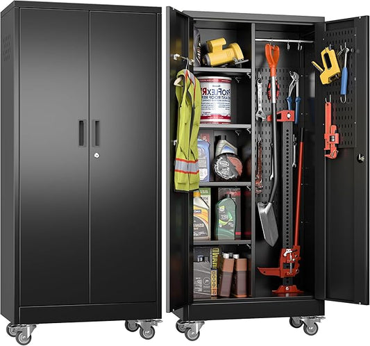 61.7" H Metal Garage Storage Cabinet with Wheels and Hanging Rod,Broom Closet Storage Cabinet with Pegboard and 4 Adjustable Shelves with 120LBS for Garage Home Office School,Required Assembly,Black