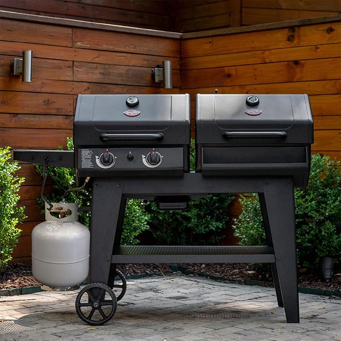 Char-Griller Flex Fuel Plus 3 in 1 Gas and Charcoal Grill Griddle and Smoker Combo 30000 BTUs Outdoor BBQ with Flat Top Griddle Insert Dual Fuel Backyard Grill Station, CG30281224
