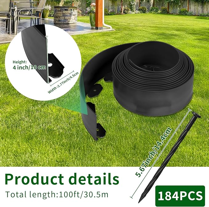 4 in x 100 Ft Garden Landscape Edging, No Dig Garden Edging Border Kit with 184 Pcs Spikes for Flower Bed Lawn Yard Grass Black