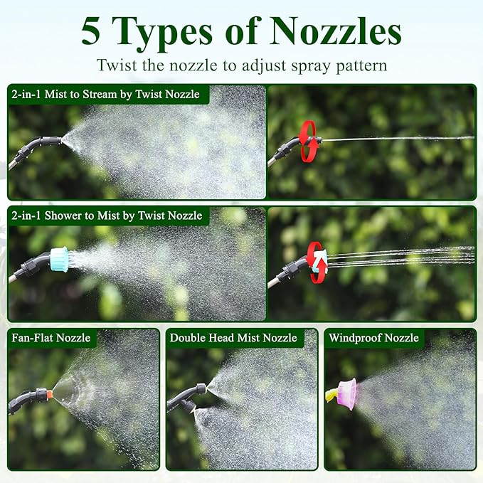 Battery Powered Sprayer 2 Gallon, Garden Sprayer with Upgraded Electric Rechargeable Handle, 5 Mist Nozzles, Transparent Tank with Scale Mark, Suitable for Lawn, Garden