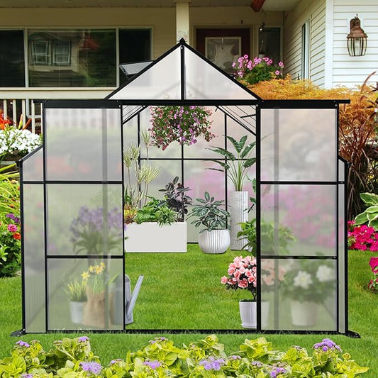 8X6 FT Greenhouses for Outdoors,Double Sliding Door Polycarbonate Greenhouse,Heavy Duty Walk-in Greenhouse, Drainage System & Galvanized Frame for Garden Backyard, Black