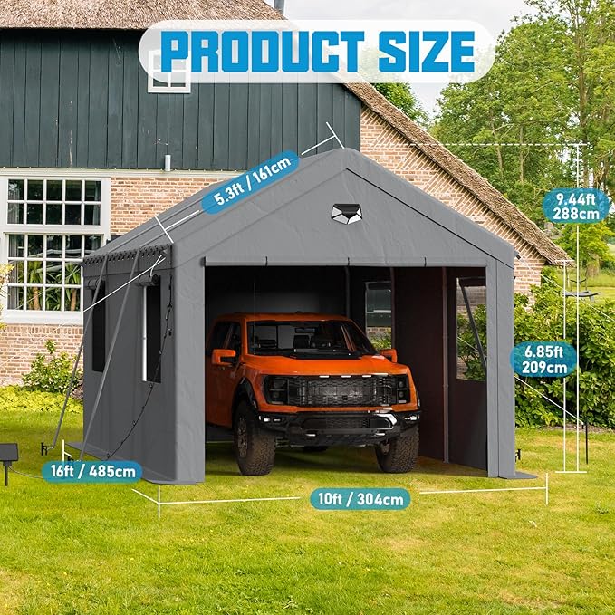 10x20 Carport Canopy, Heavy Duty Car Port, Portable Car Ports Garage with 2 Roll-Up Zipper Drive Through Doors, Grey