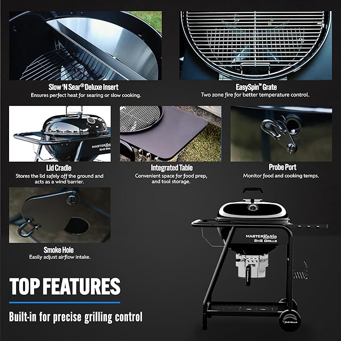 SnS Grills MasterKettle Charcoal Grill and Smoker with Patented Slow ‘N Sear Deluxe Insert, EasySpin Grate for Two-Zone Cooking and Integrated Table, Low ‘N Slow Smoking and BBQing - Black 22-Inch